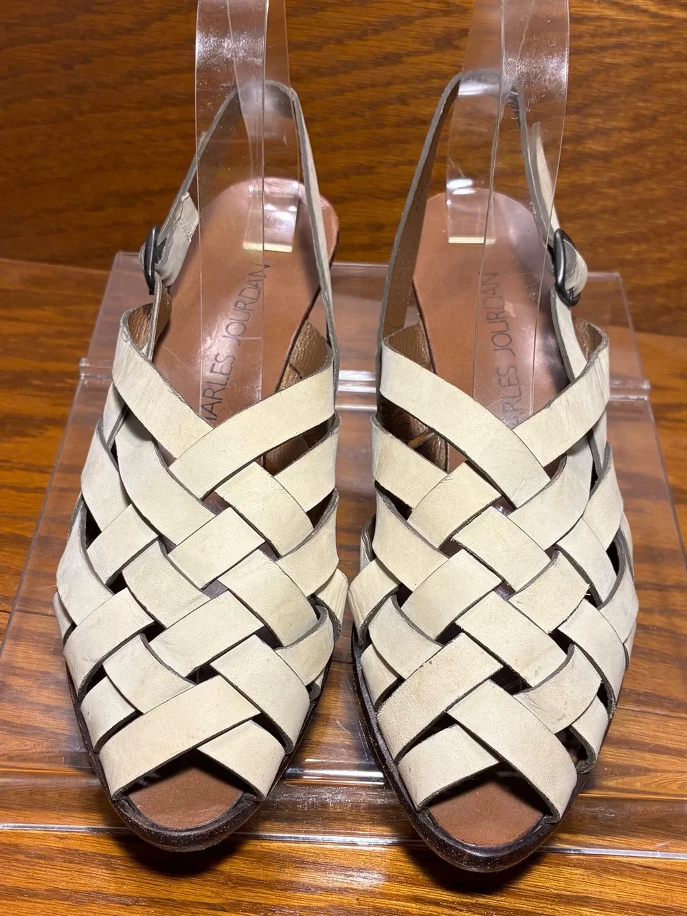 Y2K VTG Charles Jourdan Woven Nubuck Woven Wedge Slingback Sandals Beige Size 6
